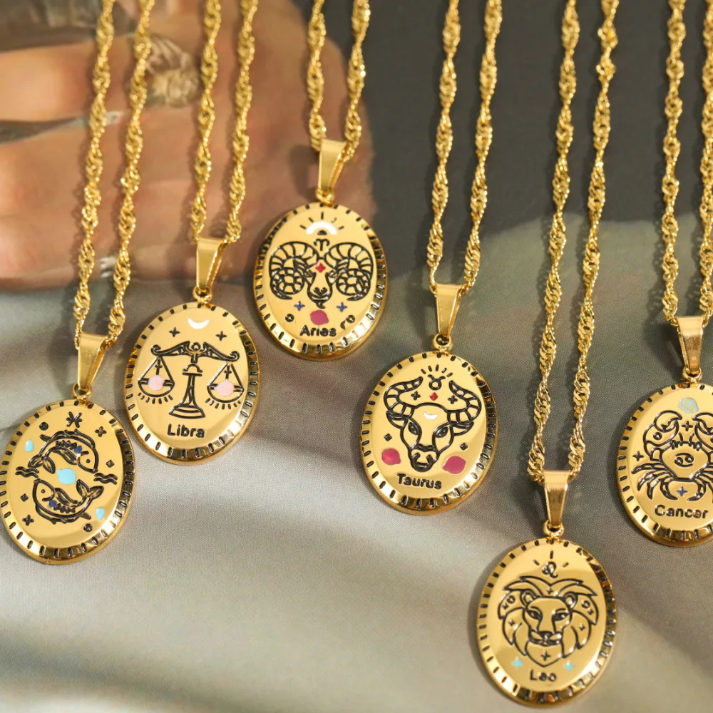Vintage Gold Plated Vermeil Zodiac Necklace Jewelry Stainless Steel Star Sign Pendant Zodiac Medallion Astrology Necklace