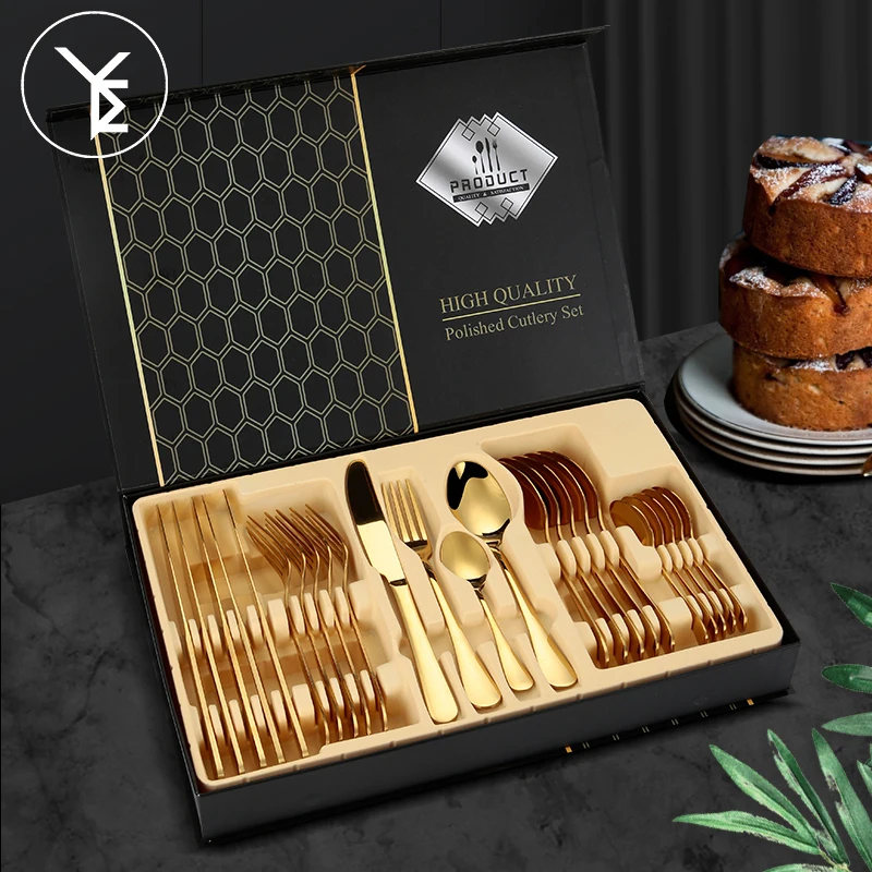 18/0 Stainless Steel Flatware Set 24 Pcs Spoon Fork Knife Metal Cutlery Gold Business Gift Sets