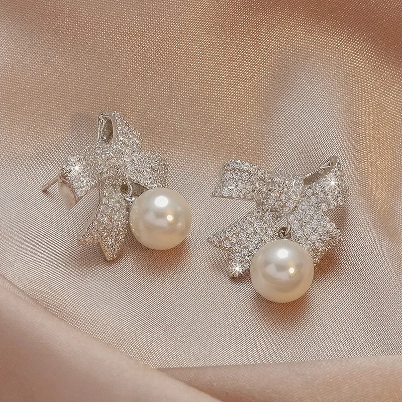 Bow Pearl Zirconia Earrings Drop Earring Opp Bag Gold Single Pearl High Quality Brass Plated Sweet and Simple New CLASSIC Zircon