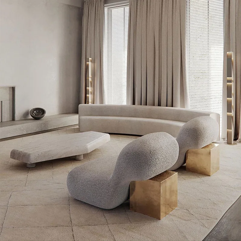 Modern living room INS single sofa hotel lounge tufted plush lamb wool stainless steel lazy sofa leisure chair