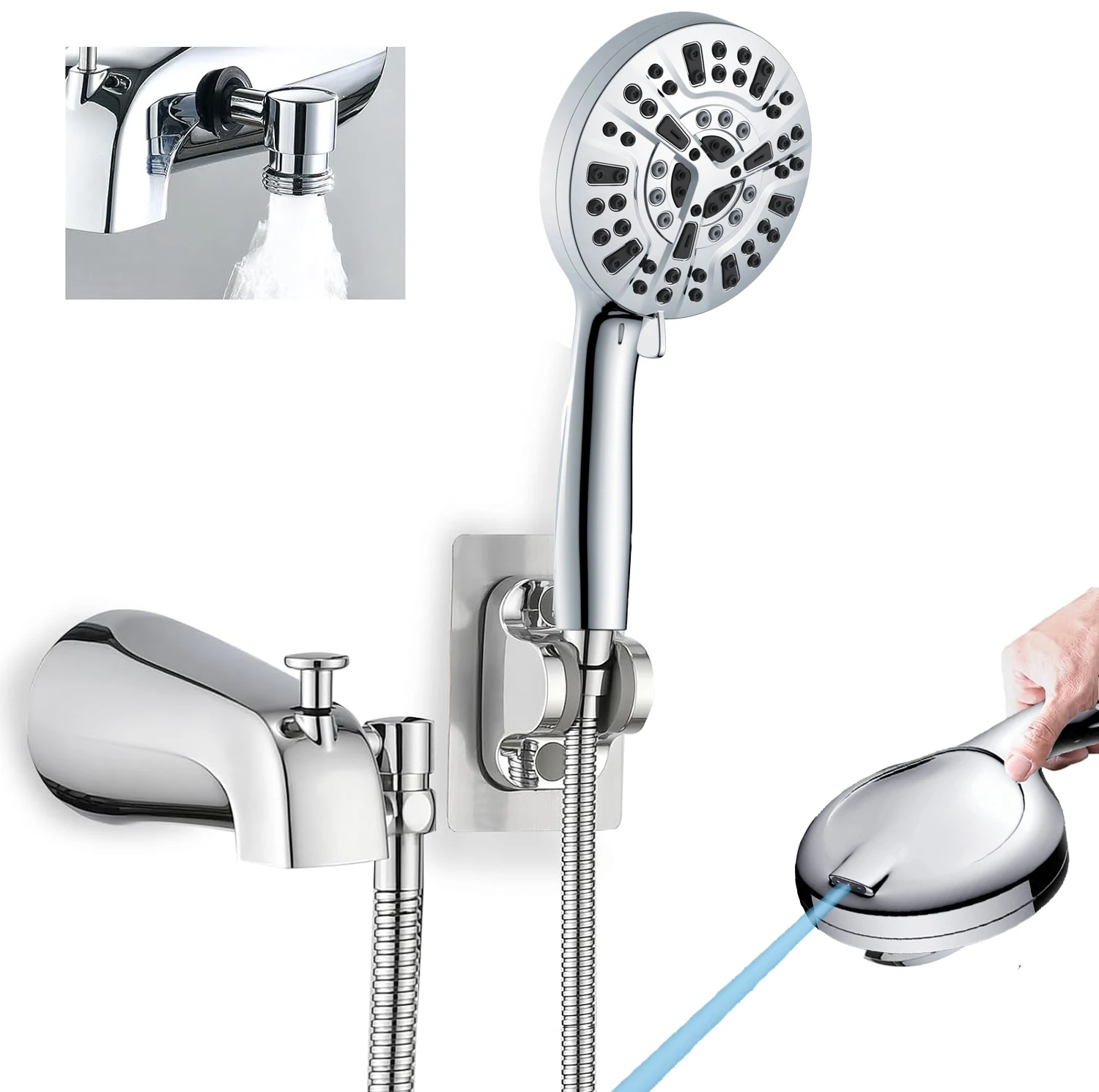 All Metal Tub Spout with Diverter, 10Settings Hand held Shower with ON/OFF Pause Switch, Bathtub Faucet with Sprayer Chrome