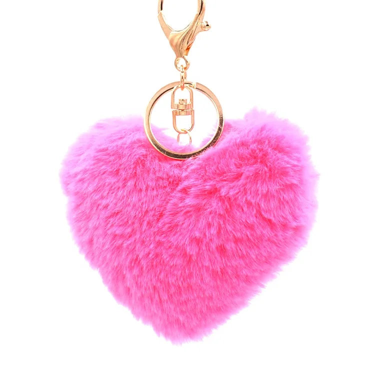 10 cm Soft PINK Heart Shape Pom pom Key chain Faux Rabbit Fur Ball Womens Bag Charm Keyring Keychains