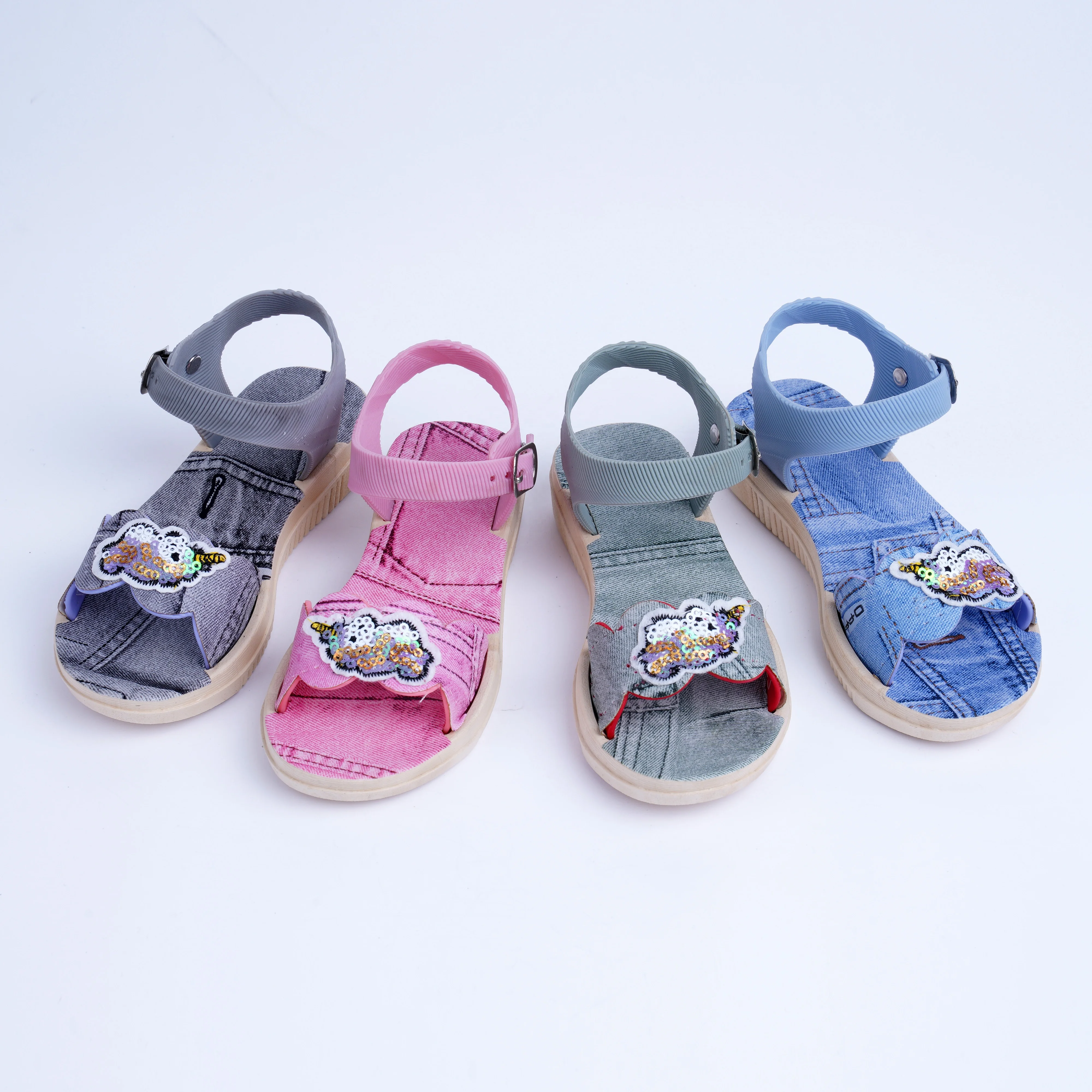 Colorful denim fabric cute design girls flat sandals Summer outdoor antiskid kids sandals