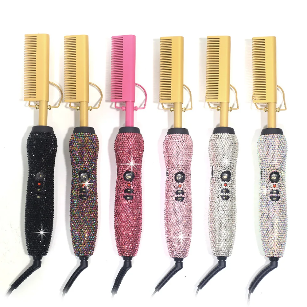 Hot Sales Diamond Comb Wet And Dry Use Hair Straightening Diamond Handle Electric Bling Hot Comb