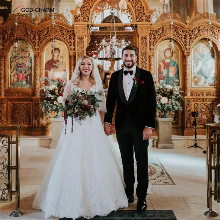 S-86970349  Wholesale Elegant lace applique v-neck white sheer short sleeve wedding dress weeding gown