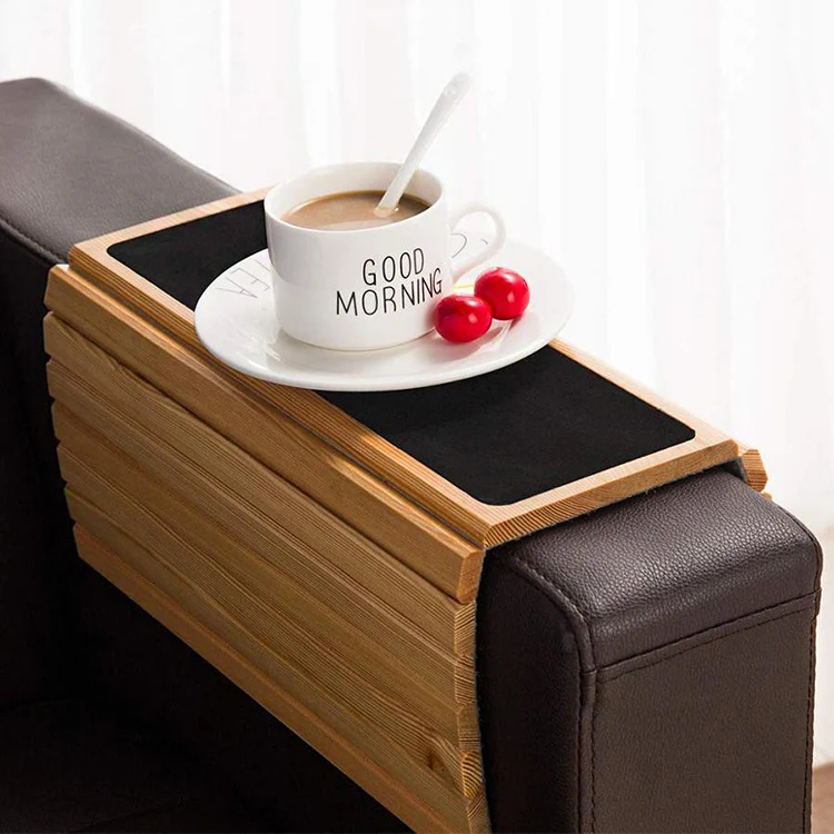Custom Foldable Sofa Arm Tray Caddy Foldable Bamboo Couch Arm Table For Living Room