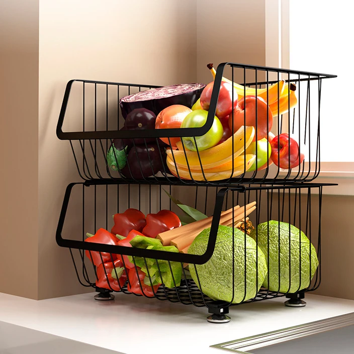 Rolling Stackable Baskets, 4 Tiers Metal Utility Storage Organizer Cart with Lockable Casters for Kitchen, Vegetable basket