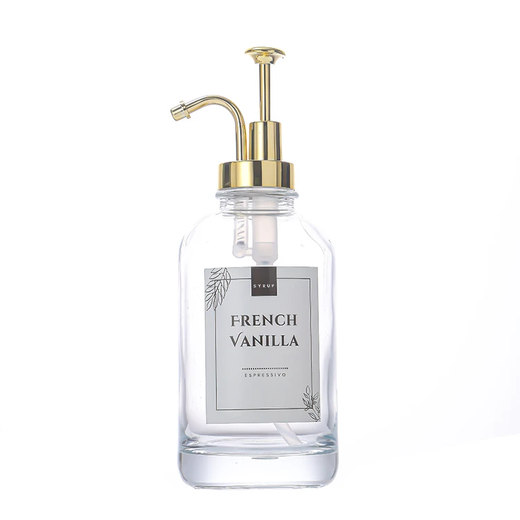 Hot Sale 2 Pack Set 500ml Coffee Honey Pump Dispenser Gold Pump Coffee Syrup Dispenser Glass Bottle for Coffee Bar