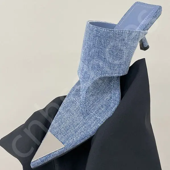 Open Toe Poinchted Casual 2.23inch Stiletto Heels Women Flat Button Decor Denim Flat Mules Leather Sandal Women Slippers Sandals