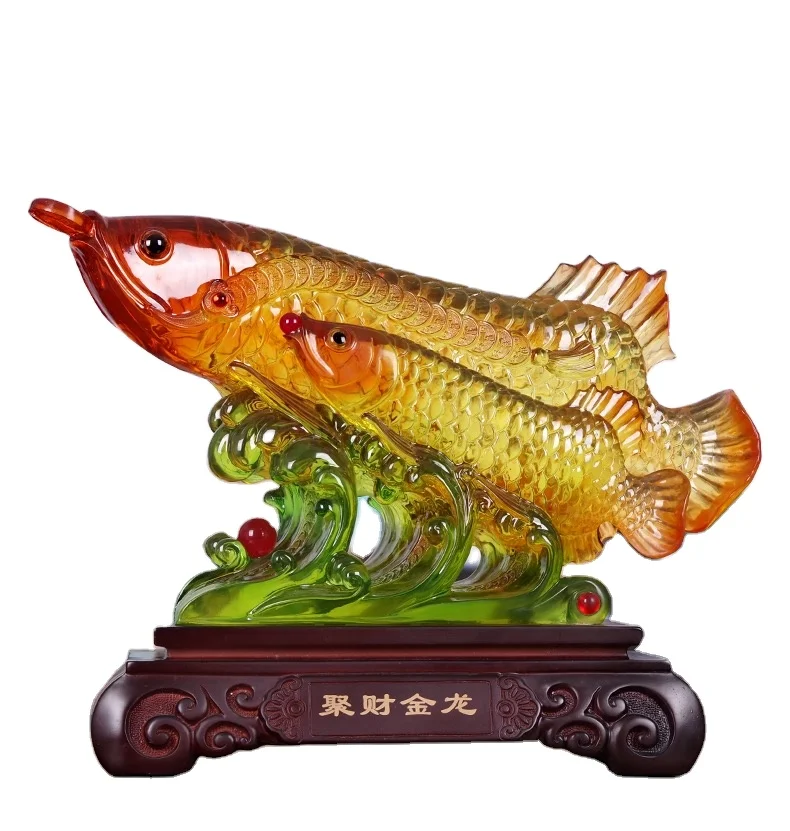 Chinese Traditional Fengshui Poly Resin Home Decoration Sculpture Jade Material Fortune Fish Sculpture