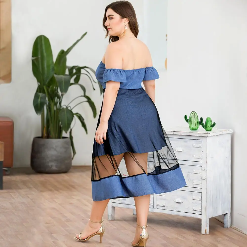 
Off Shoulder Wrapped Chest Short Sleeve High Waist Mesh Splicing Large Size Women Denim Dress 