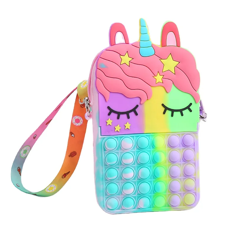 Professional pop girl bag glowing bag unicorn zip silicone fidget unicorn bag pack