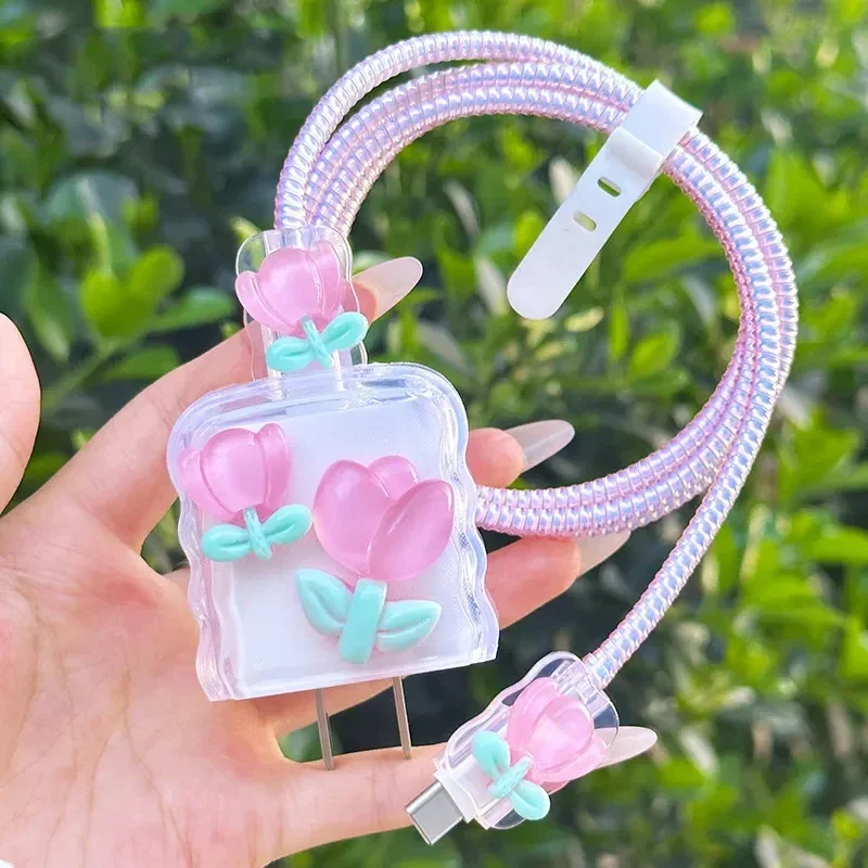 Korea Cute  Pink Flower soft Silicone Charger Protective Case For IPhone 15 13 14 18W 20W Fast Charge Protection Charger Cover