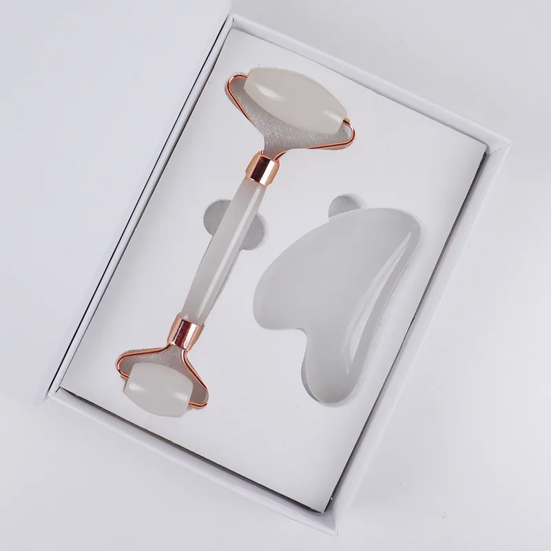Skin Tightening Anti-Puffiness Natural Rose Quartz Jade Roller Gua Sha Set Board Facial Body Massager Roller Jade Stone