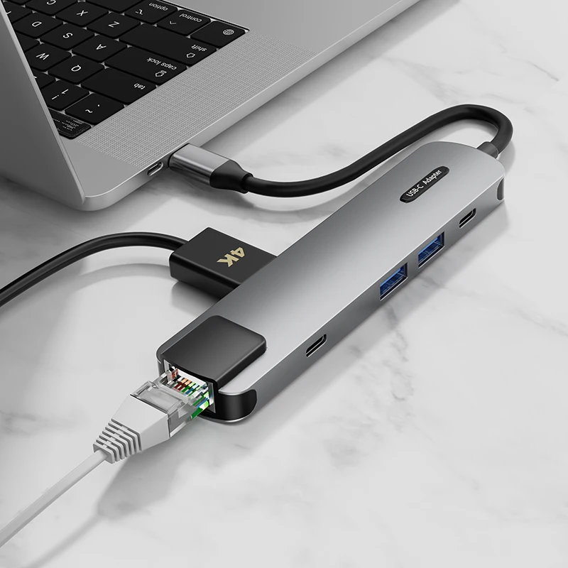 Aluminium Alloy 6 Ports  Type-C To Usb Hub With Pd 100W Hdtv 4K Multi Functional Usb C Hub Device Ethernet Hub Usb-C