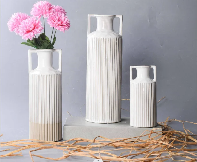 2024 art deco vertical line pattern Ceramic Vase with dual handle flower tabletop vase