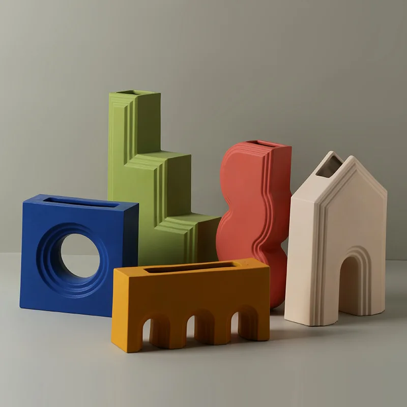 INS Wholesale Modern Irregular Nordic Home Decor Custom Shaped modern geometric Morandi color Architect Arrangement Ceramic Vase