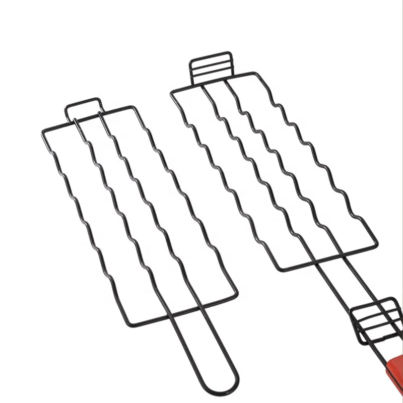 BBQ Accessories 6 Hot Dog Grill BBQ Basket Wood Handle BBQ Sausage Grilling Basket