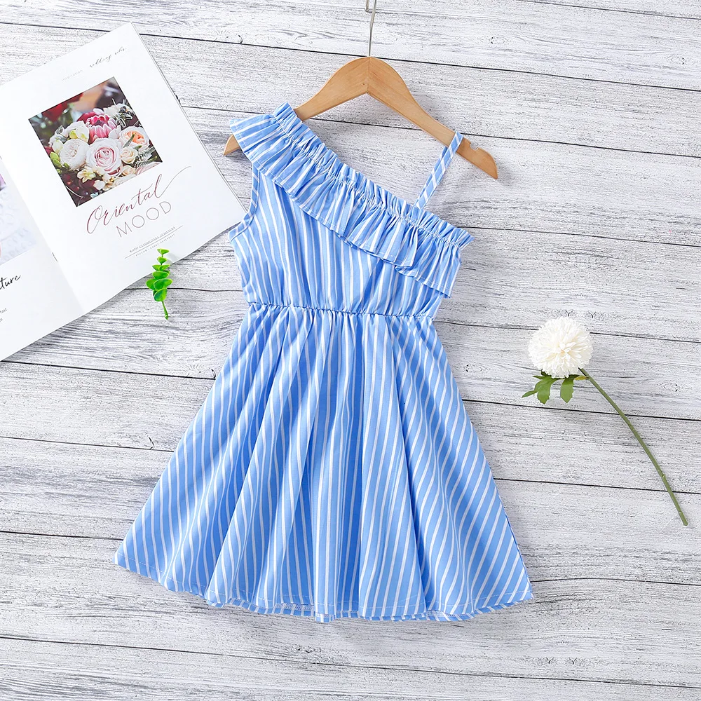 Girls Summer Dress Blue White Striped One Shoulder Kids Dresses kids baby Girls fashion New Children Princess dress Costume