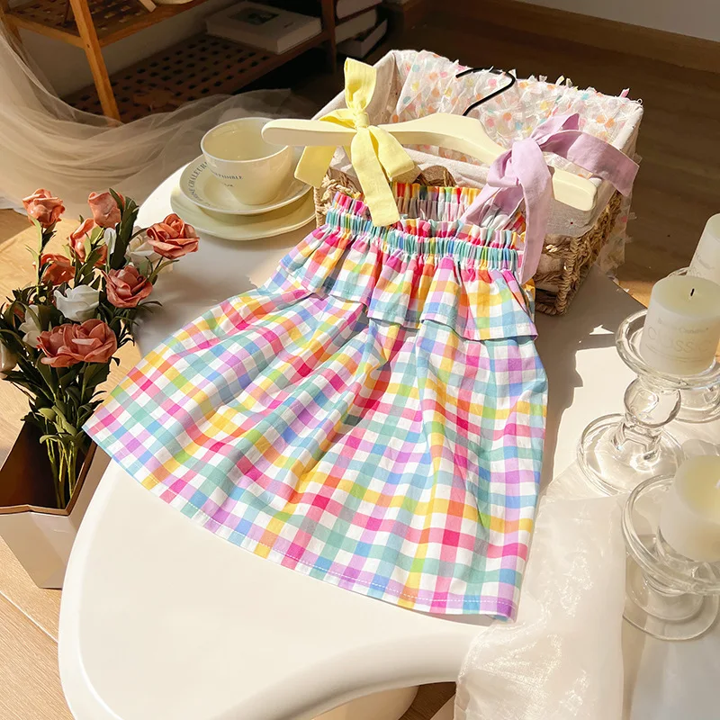 New Summer Korean style infant girls sweet cute rainbow plaid suspender cotton suspender frock skirt high quality for kids girl