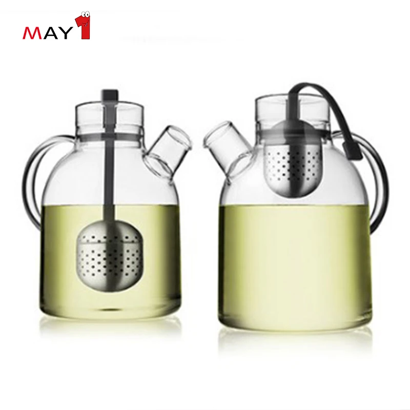 
Customized Logo Handblown Pull Up Basket Strainer borosilicate Glass Tea Pot 