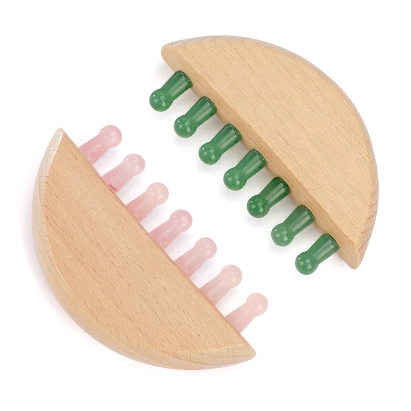 Hanhe Custom Wooden Head Massager Scalp Massage Tools 7 Teeth Green Aventurine Massage Gua Sha Comb