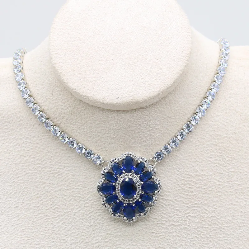 925 Silver Stamp Sapphire Blue Necklace Earring Set for Women Luxury Wedding Party Bridal Jewelry