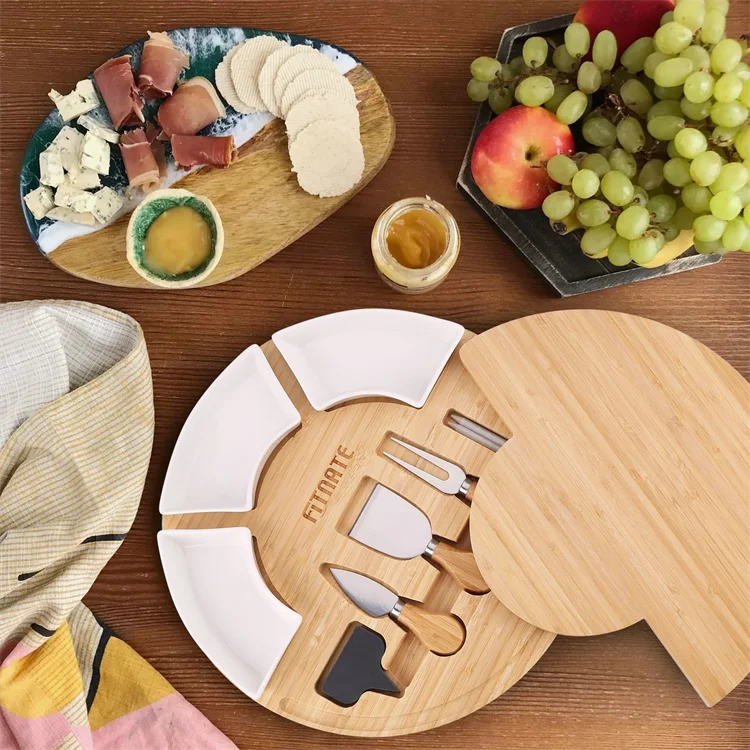 Rotatable Round bamboo Cheese Cutting Board set with knives Ceramic Plate