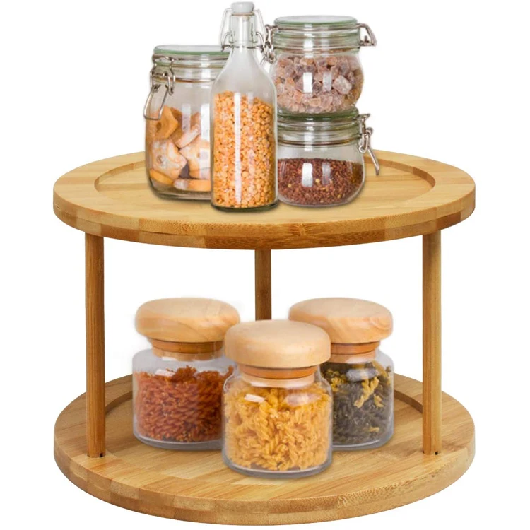 Bamboo Wood 2-Tier 10 inch Spinning Spice Rack Pantry Cabinet Kitchen Storage Turntable bamboo lazy susan for Spices