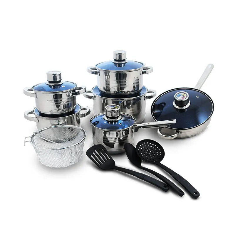 Набор кухонных кастрюль и сковородок с крышкой термометра из голубого стекла