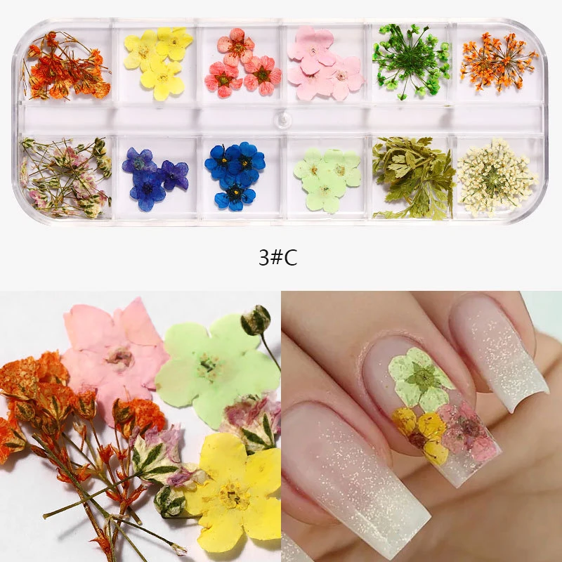 Real Natural Dry Flowers 3D Art Sticker For Nails Decals Charms Nail Decorations