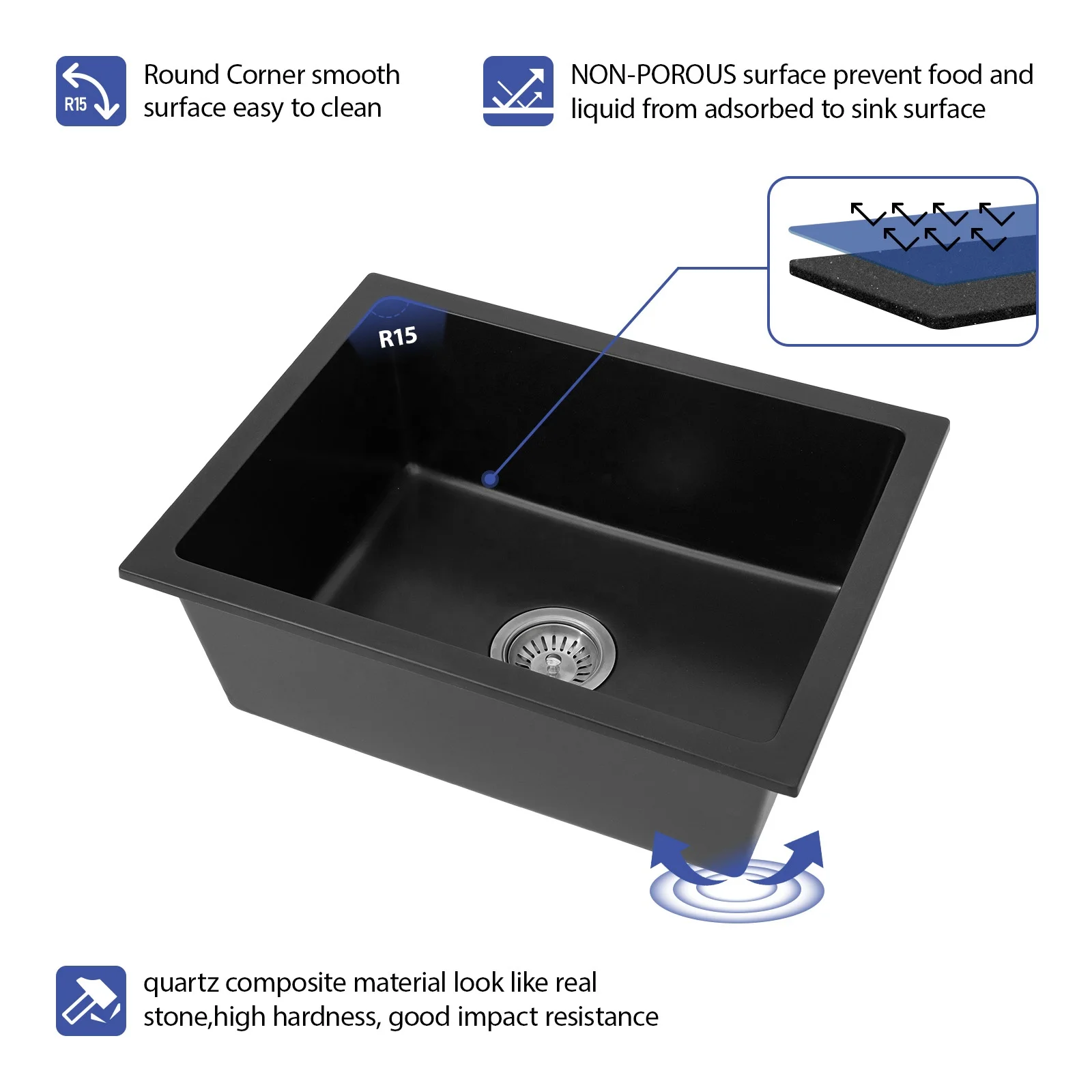 22 Granite Composite Black Kitchen Sink  28 * 17 Inch Single Bowl Kitchen Sinks  Undermount Quartz Sink for Kitchen