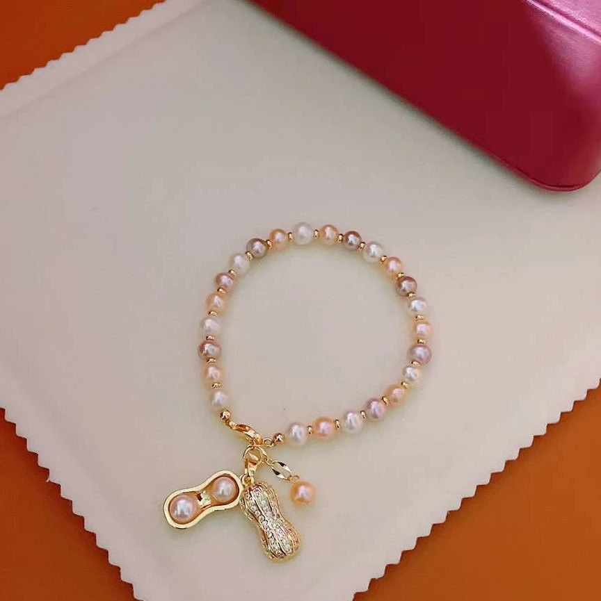 16+3cm mixed color pearl peanut bean bracelet 6-7MM round bright natural high-quality freshwater pearl bracelet