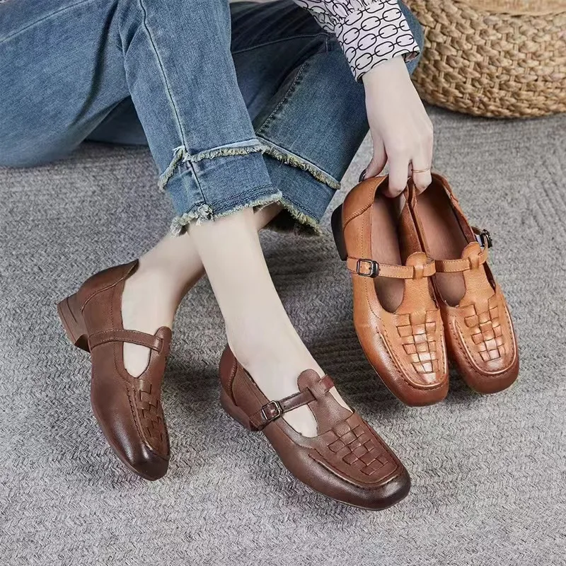 High quality  Genuine leather Handwoven design T-Strap Mary Jane women low heels office dress shoes casual shoes manufacturer