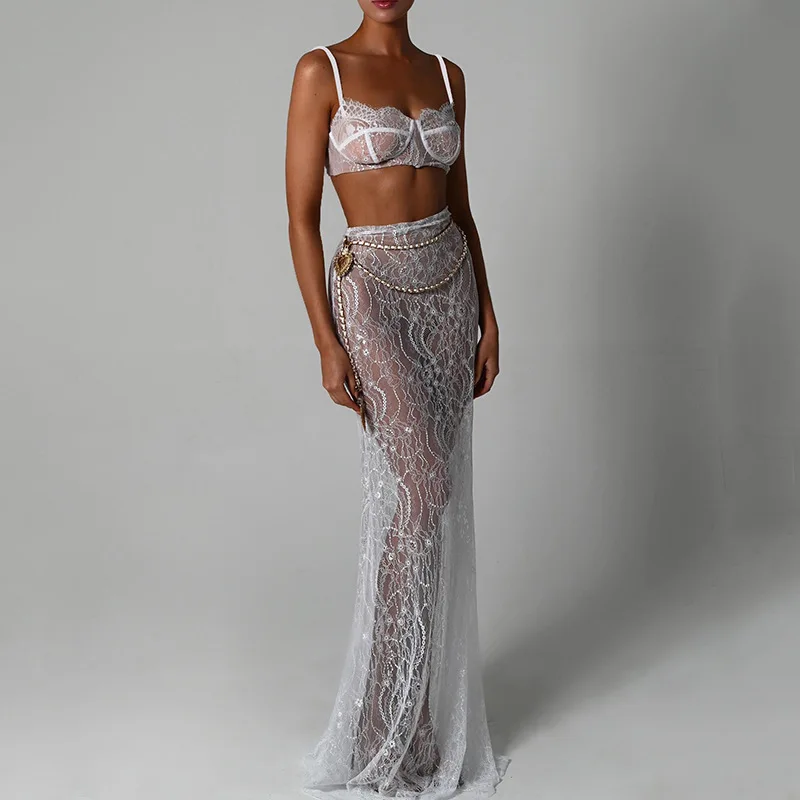 Sleeveless Long Skirt Suit Women Backless Sling Top Lace Up Maxi Skirts 2024 New Summer Female 2 Piece Set Outfits Lace 2964
