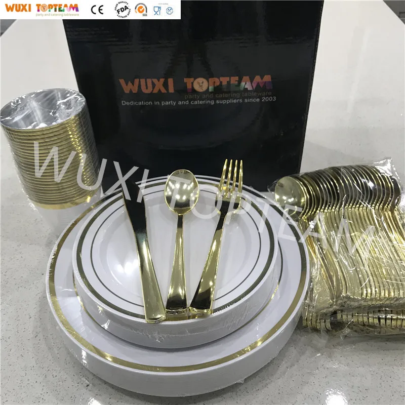 72 pcs/150 piece plastic party restaurant tableware dish gold dinnerware set wedding plates sets