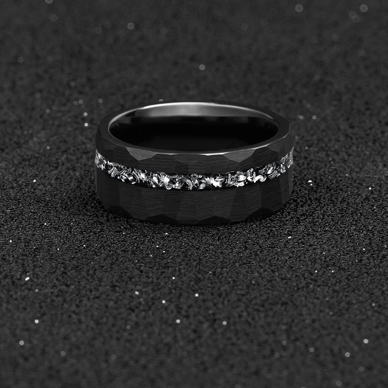 8mm Comfort Faceted Black Meteorite Shaving Hammered Tungsten Ring Sliver Line Aluminum Slag Mens Wedding Band