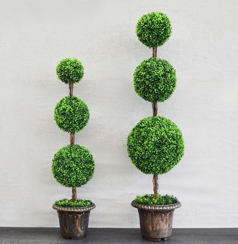 Small Green Potted Faux Plastic Plants Artificial Boxwood Hedge Topiary Ball Bonsai Tree