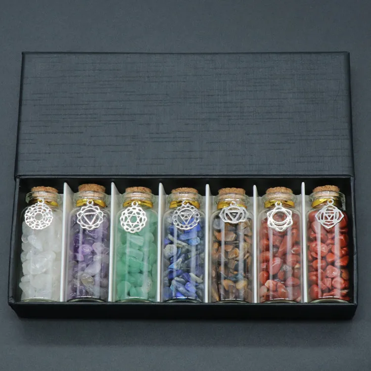 High quality natural crystal gravel set seven colors yoga stones  seven chakra wishing bottle symbol style