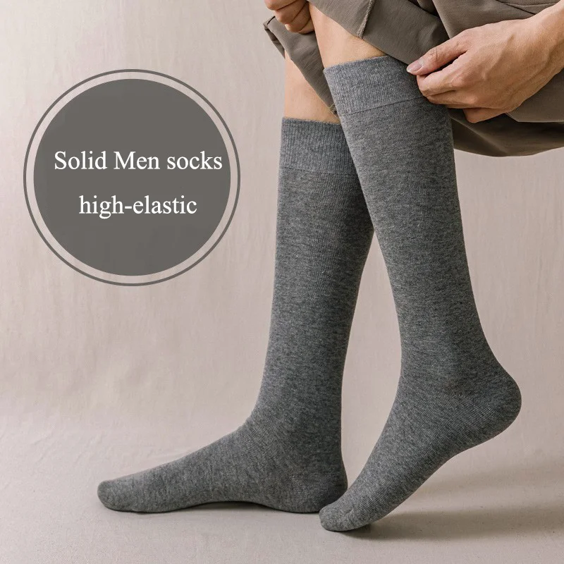 Knee high dress socks formal business classic cotton knit plain black long socks men