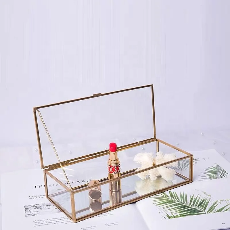 Luxury Handmade Jewellery Box Gold Copper Metal Triangle Geometric Design with Lidded Glass Storage for Home Decor