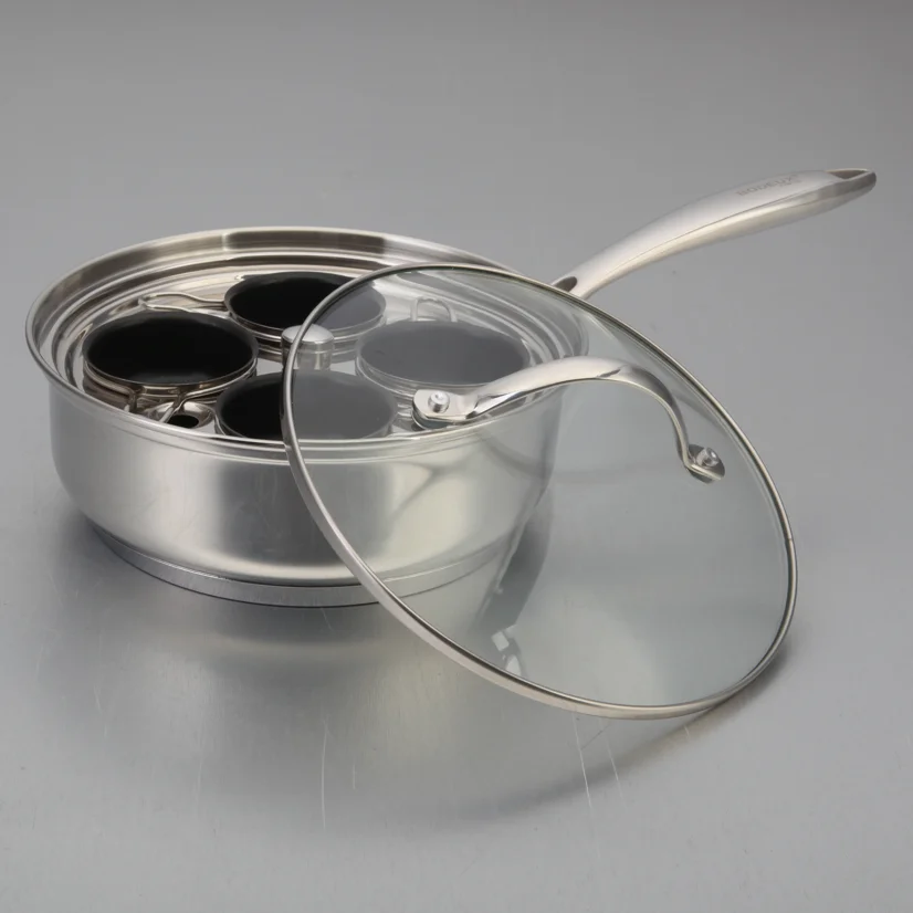 Egg Poacher Pan 4-Cup Non Stick Stainless Steel Tray Non-stick Egg Poacher Stainless Steel Fry Pan with Glass Lid