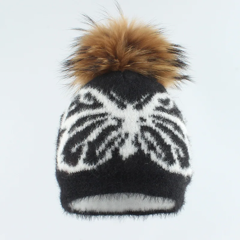 FF3090 Woman Pom Pom Beanie Hats Ski Snow Skull Caps Warm Butterfly Jacquard Knitted Beanies Cap Fuzzy Furry Fluffy Winter Hats