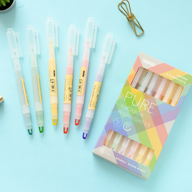 Student Mark Key Pen Set with 6-Color Highlighter Flat Brush Tip for Visual Window Diagonal Marker for School Use Wholesale