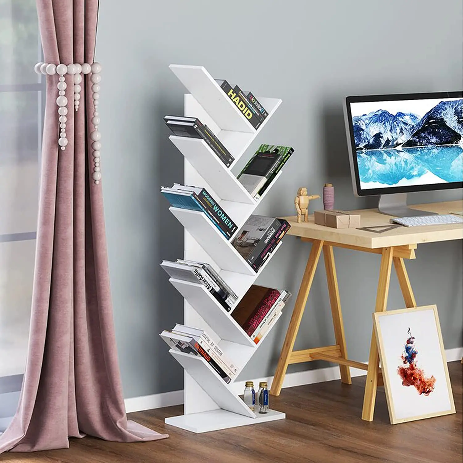 Home Tree Bookshelf, 9 Shelf Small Geometric Bookcase Free Standing Book Shelves Unique Wood Storage Rack for CDs Books Utility