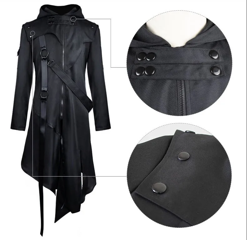 Mens Hoodie Jacket Gothic Steampunk Coats Irregular Hem Vintage Costume Uniform
