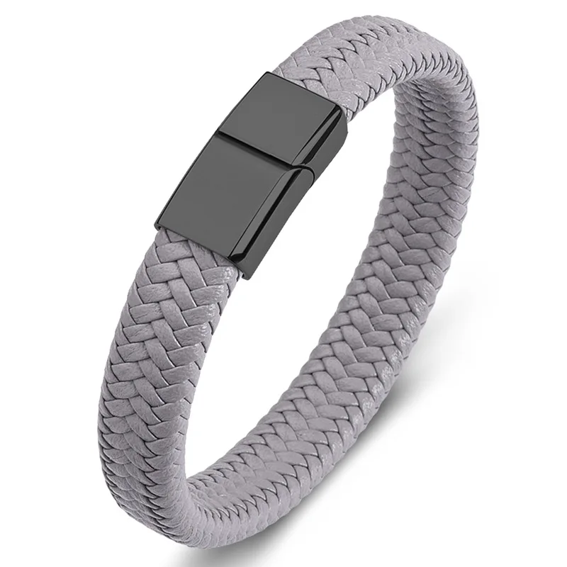 Hot Sale Punk Black Gun Plated Stainless Steel Magnetic Clasp Synthetic Leather Braided Fine Jewelry Bracelets Bangles