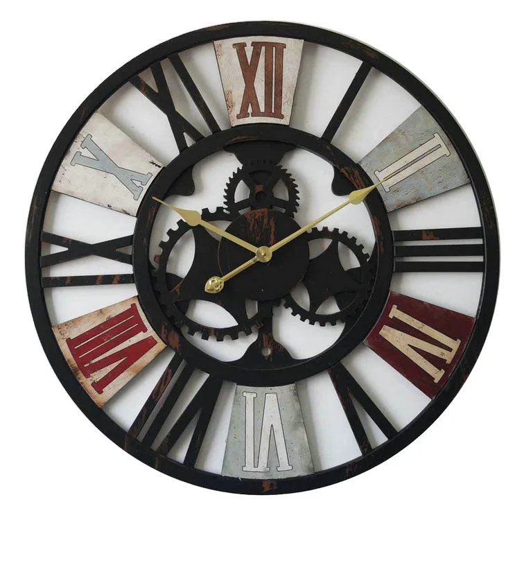 French style old 3D retro metal gear giant antique plastic wall clock for home decor