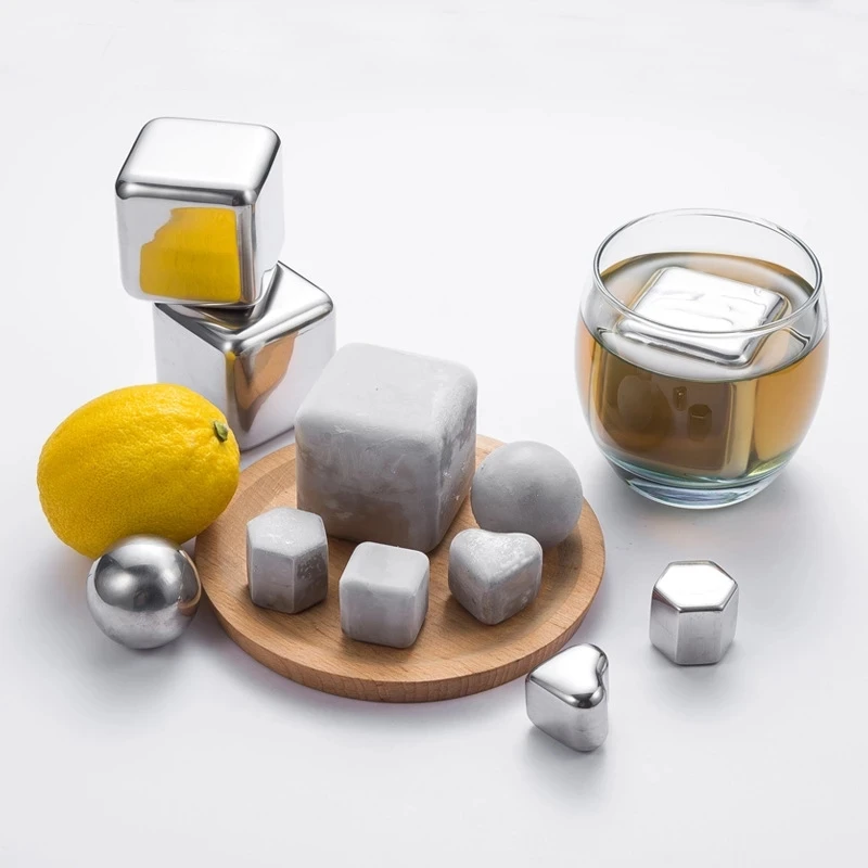Non-toxic Stainless Steel Ice Cube Healthy Cooler Wine Drinks Beverage Whiskey Beer Water Cooler Bar 6Pcs SET