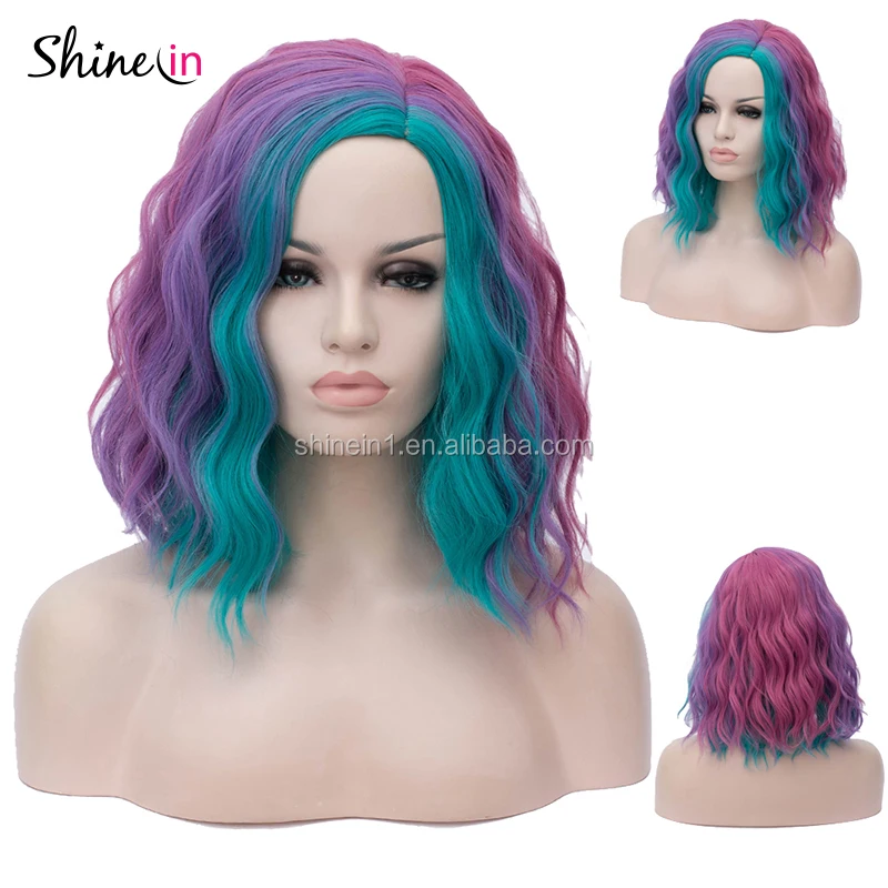 Hot Sale Bob Short Wavy Curly Wig Women Colorful Rainbow Wig For Halloween Cosplay Daily Party